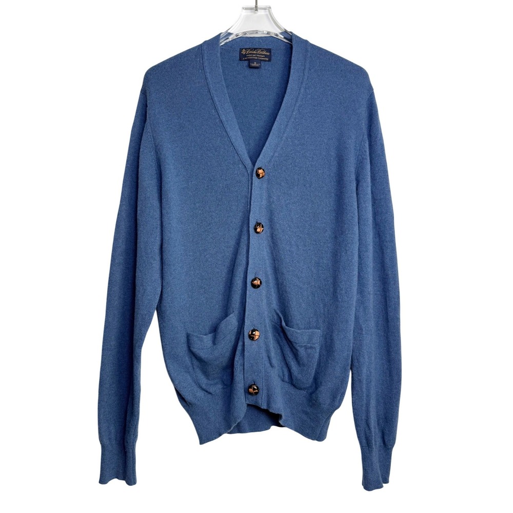 Brooks Brothers Cardigan Mens Medium Blue 3-Ply Scottish Cashmere V-Neck Sweater